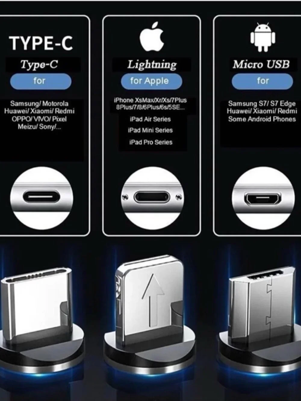 3-in-1 LED Magnetic Fast Charging Cable for Phones, Tablets & Devices, Universal